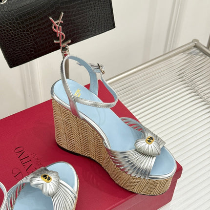 VALENTINO 26S ESPADRILLE WEDGE SANDALS 120 MM IN SILVER CALFSKIN