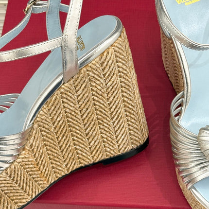 VALENTINO 26S ESPADRILLE WEDGE SANDALS 120 MM IN SILVER CALFSKIN