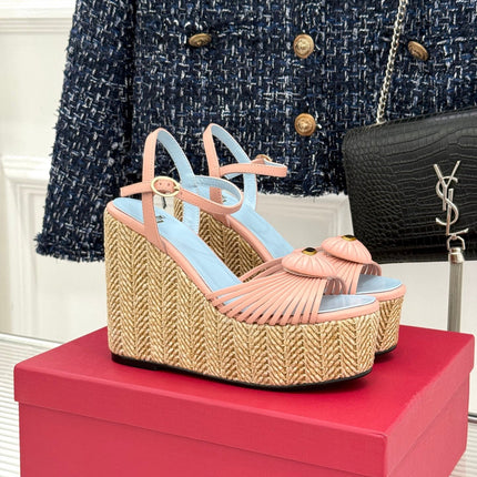 VALENTINO 26S ESPADRILLE WEDGE SANDALS 120 MM IN LIGHT PINK CALFSKIN