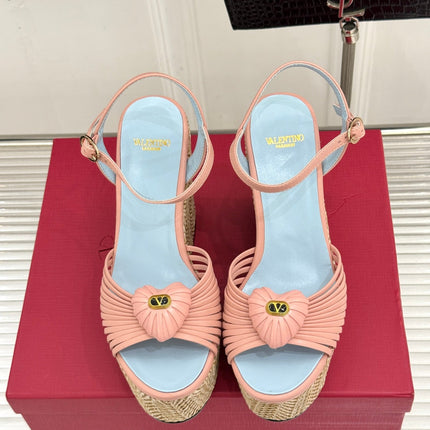 VALENTINO 26S ESPADRILLE WEDGE SANDALS 120 MM IN LIGHT PINK CALFSKIN
