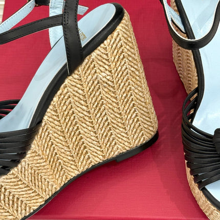 VALENTINO 26S ESPADRILLE WEDGE SANDALS 120 MM IN BLACK CALFSKIN