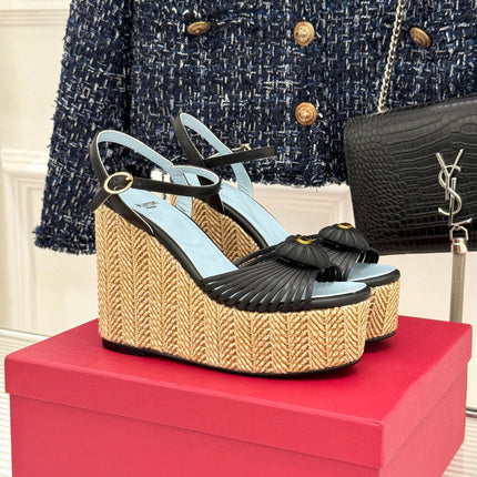 VALENTINO 26S ESPADRILLE WEDGE SANDALS 120 MM IN BLACK CALFSKIN