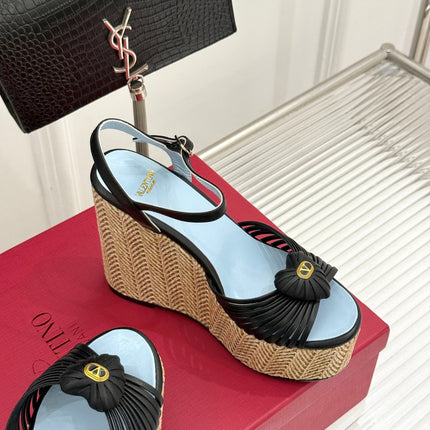 VALENTINO 26S ESPADRILLE WEDGE SANDALS 120 MM IN BLACK CALFSKIN