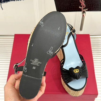 VALENTINO 26S ESPADRILLE WEDGE SANDALS 120 MM IN BLACK CALFSKIN
