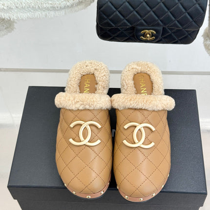 CHANEL 26S QUILTED SHEARLING LINED CLOG MULES IN DARK BEIGE CALFSKIN GOLD HARDWARE