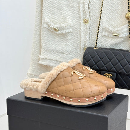 CHANEL 26S QUILTED SHEARLING LINED CLOG MULES IN DARK BEIGE CALFSKIN GOLD HARDWARE