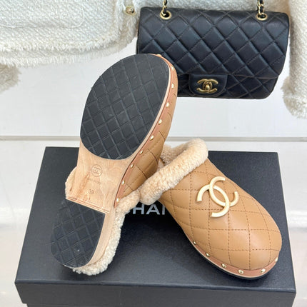 CHANEL 26S QUILTED SHEARLING LINED CLOG MULES IN DARK BEIGE CALFSKIN GOLD HARDWARE