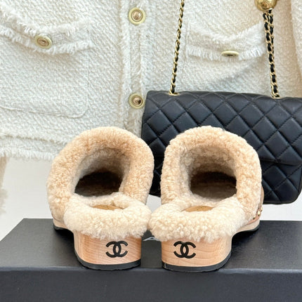 CHANEL 26S QUILTED SHEARLING LINED CLOG MULES IN DARK BEIGE CALFSKIN GOLD HARDWARE