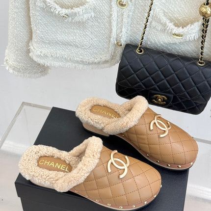 CHANEL 26S QUILTED SHEARLING LINED CLOG MULES IN DARK BEIGE CALFSKIN GOLD HARDWARE