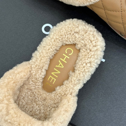 CHANEL 26S QUILTED SHEARLING LINED CLOG MULES IN DARK BEIGE CALFSKIN GOLD HARDWARE