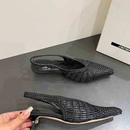 JACQUEMUS 26S HIGH-HEEL SLINGBACKS IN BLACK WOVEN CALFSKIN