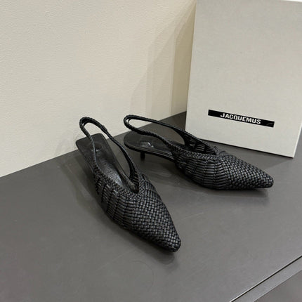 JACQUEMUS 26S HIGH-HEEL SLINGBACKS IN BLACK WOVEN CALFSKIN
