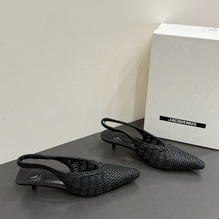 JACQUEMUS 26S HIGH-HEEL SLINGBACKS IN BLACK WOVEN CALFSKIN