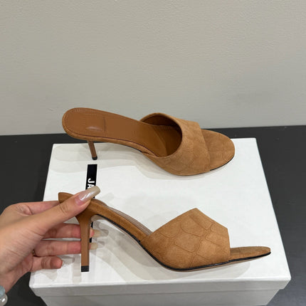 JACQUEMUS 26S HIGH-HEEL SANDALS IN BROWN CROC-EMBOSSED SUEDE