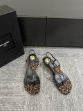 YSL WEDGE THONG SANDALS 25S IN LEOPARD LAMBSKIN WITH GOLD HARDWARE
