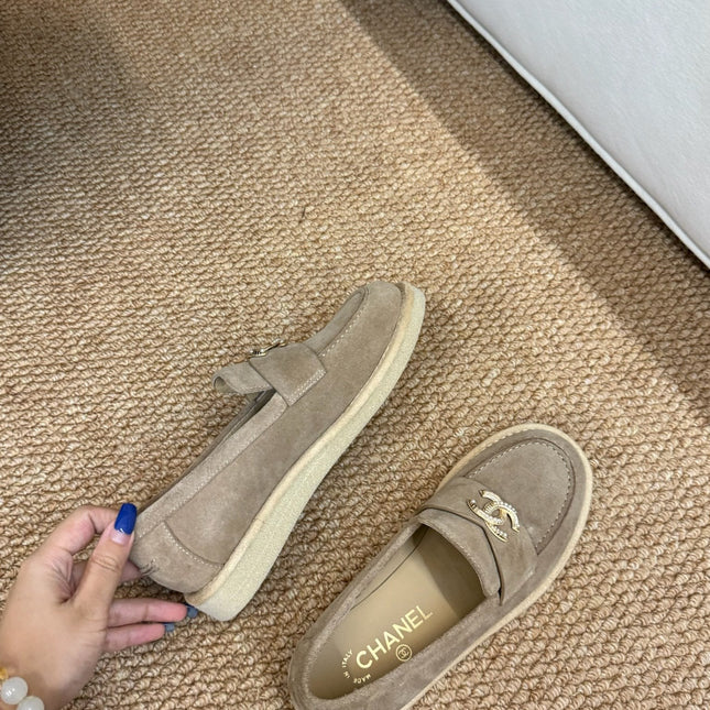 CHANEL 26S LOAFER IN TAUPE BROWN SUEDE CC LOGO