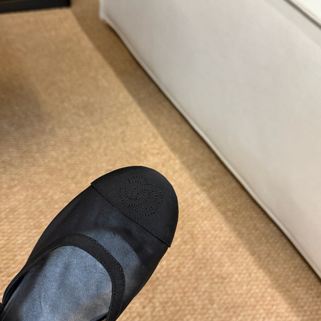 CHANEL 26S MARY JANE FLATS IN BLACK MESH RIBBON STRAP CAP TOE