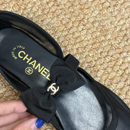 CHANEL 26S MARY JANE FLATS IN BLACK MESH RIBBON STRAP CAP TOE