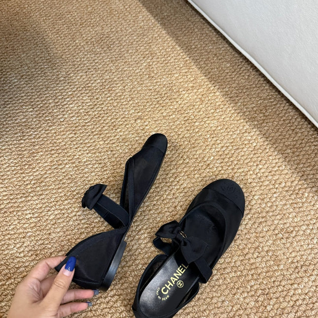 CHANEL 26S MARY JANE FLATS IN BLACK MESH RIBBON STRAP CAP TOE