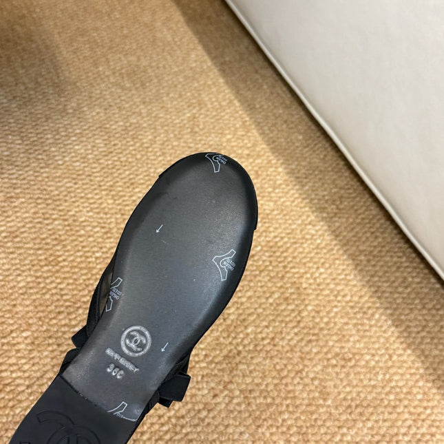 CHANEL 26S MARY JANE FLATS IN BLACK MESH RIBBON STRAP CAP TOE