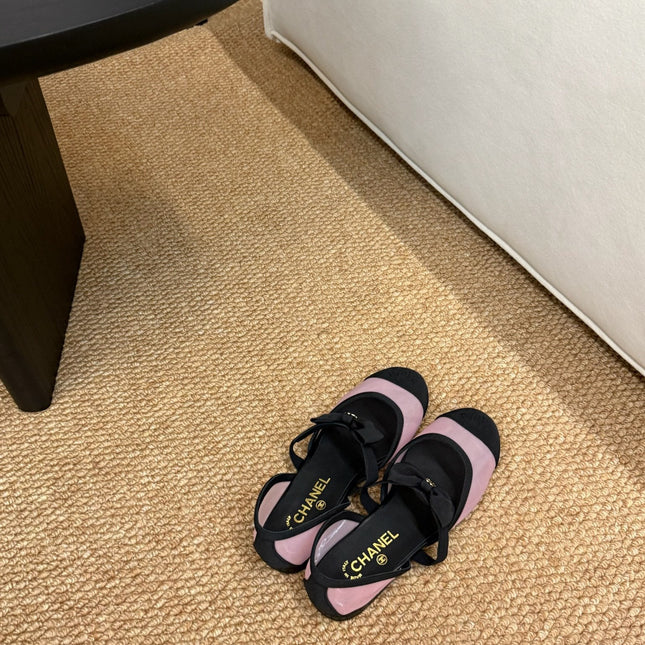 CHANEL 26S MARY JANE FLATS IN PINK AND BLACK MESH RIBBON STRAP CAP TOE