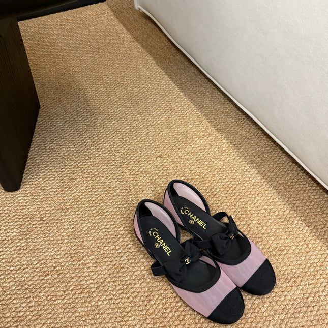 CHANEL 26S MARY JANE FLATS IN PINK AND BLACK MESH RIBBON STRAP CAP TOE