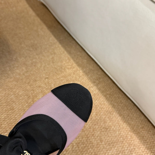 CHANEL 26S MARY JANE FLATS IN PINK AND BLACK MESH RIBBON STRAP CAP TOE