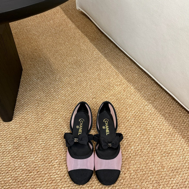 CHANEL 26S MARY JANE FLATS IN PINK AND BLACK MESH RIBBON STRAP CAP TOE