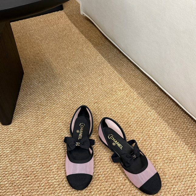 CHANEL 26S MARY JANE FLATS IN PINK AND BLACK MESH RIBBON STRAP CAP TOE