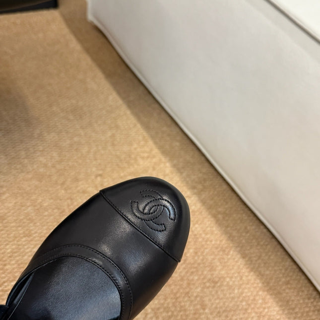CHANEL 26S MARY JANE SLINGBACK FLATS IN BLACK CALFSKIN CAP TOE RIBBON STRAP