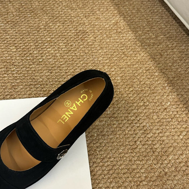 CHANEL 26S MARY JANE FLATS IN BLACK SUEDE CC LOGO