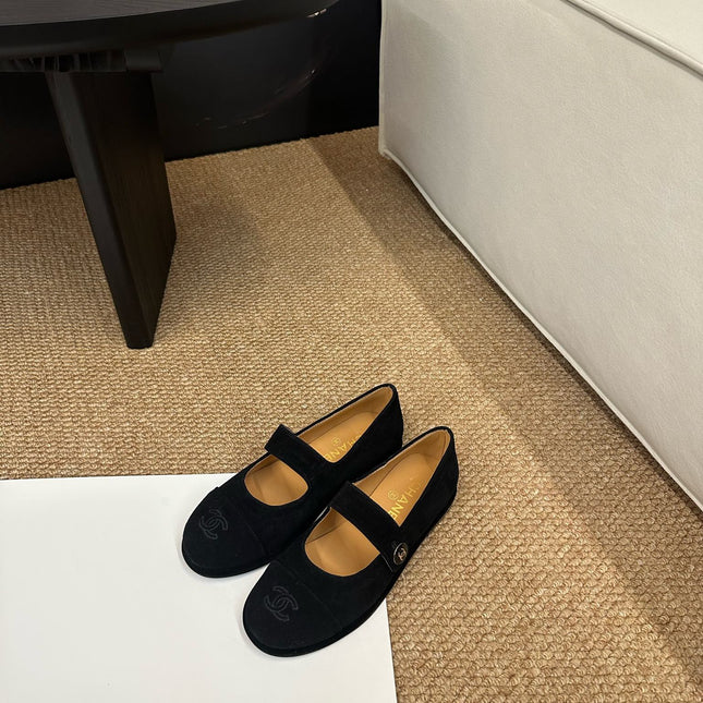 CHANEL 26S MARY JANE FLATS IN BLACK SUEDE CC LOGO