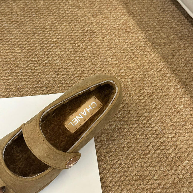 CHANEL 26S MARY JANE FLATS IN CARAMEL BROWN SUEDE SHEARLING LINING CC LOGO