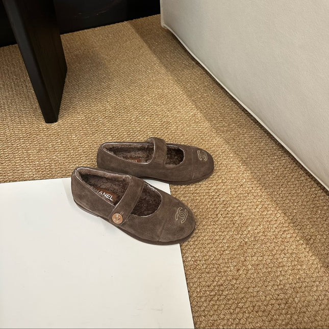 CHANEL 26S MARY JANE FLATS IN BROWN SUEDE SHEARLING LINING