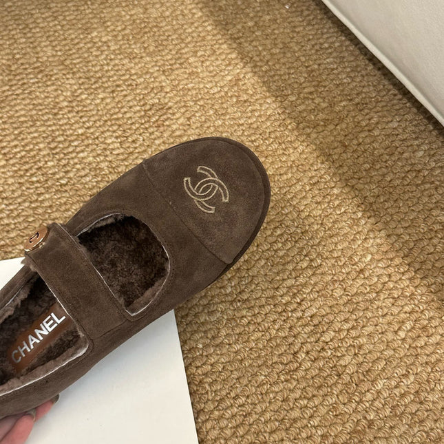 CHANEL 26S MARY JANE FLATS IN BROWN SUEDE SHEARLING LINING