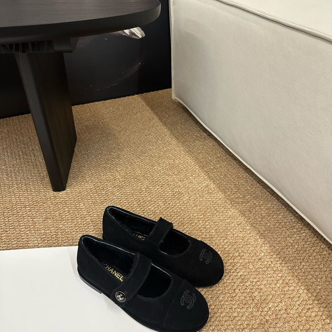 CHANEL 26S MARY JANE FLATS IN BLACK SUEDE WITH CC LOGO