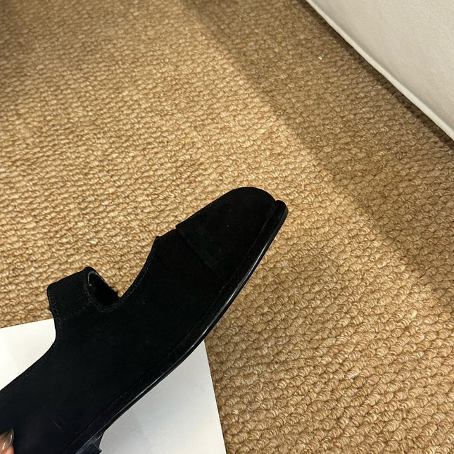 CHANEL 26S MARY JANE FLATS IN BLACK SUEDE WITH CC LOGO