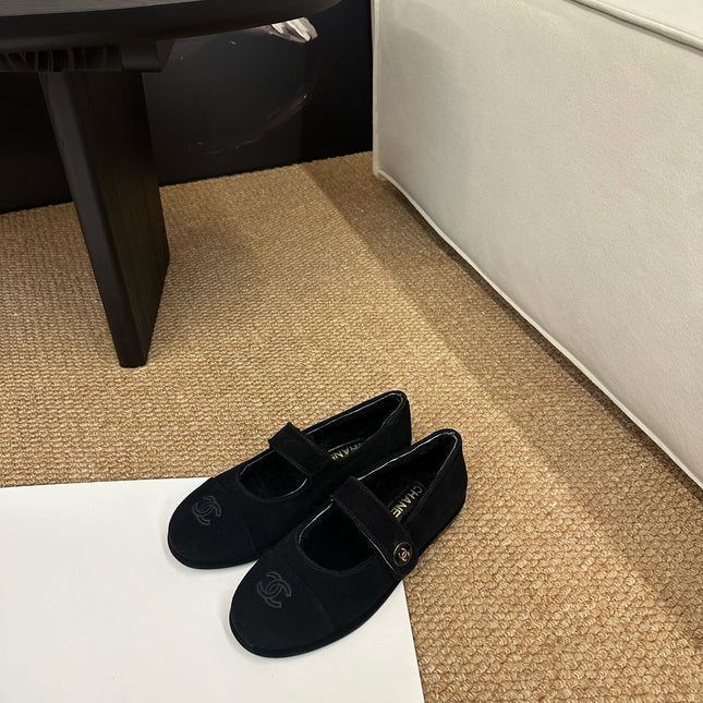 CHANEL 26S MARY JANE FLATS IN BLACK SUEDE WITH CC LOGO