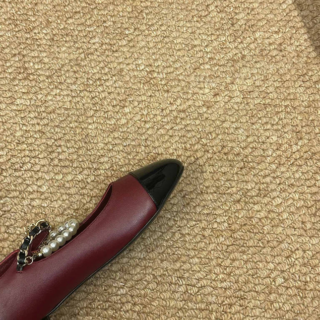 CHANEL 26S MARY JANE PEARL STRAP FLATS IN BURGUNDY RED CALFSKIN
