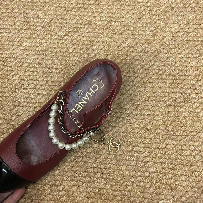 CHANEL 26S MARY JANE PEARL STRAP FLATS IN BURGUNDY RED CALFSKIN