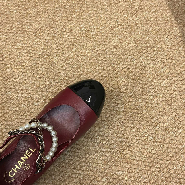 CHANEL 26S MARY JANE PEARL STRAP HIGH HEELS IN BURGUNDY RED CALFSKIN
