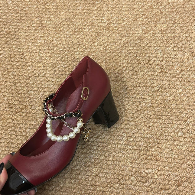 CHANEL 26S MARY JANE PEARL STRAP HIGH HEELS IN BURGUNDY RED CALFSKIN