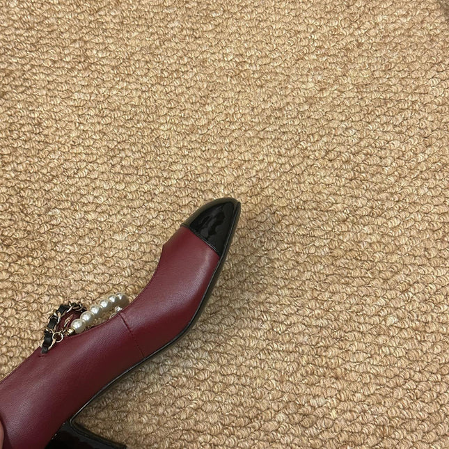 CHANEL 26S MARY JANE PEARL STRAP HIGH HEELS IN BURGUNDY RED CALFSKIN