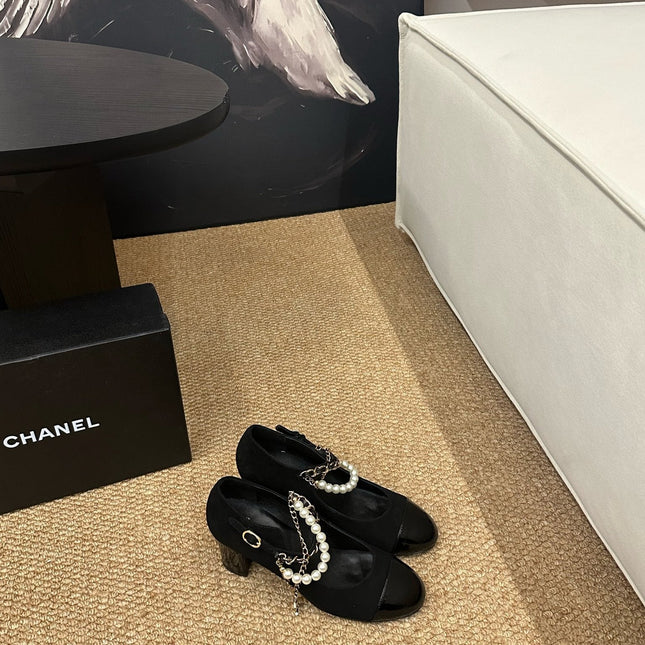 CHANEL 26S MARY JANE PEARL STRAP HIGH HEELS IN BLACK CALFSKIN