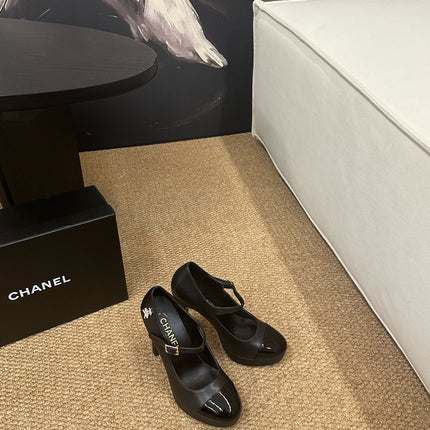 CHANEL 26S MARY JANE HEELS IN BLACK CALFSKIN CAP TOE