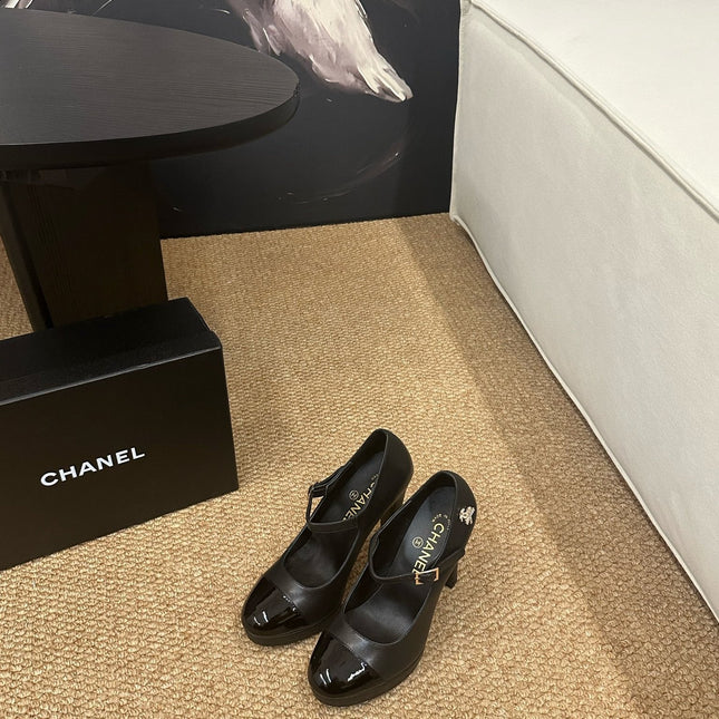 CHANEL 26S MARY JANE HEELS IN BLACK CALFSKIN CAP TOE
