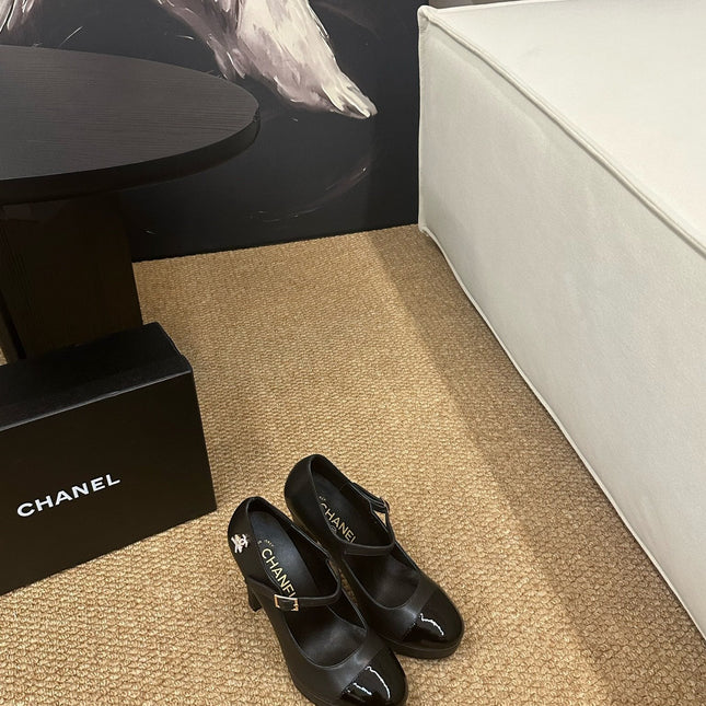 CHANEL 26S MARY JANE HEELS IN BLACK CALFSKIN CAP TOE