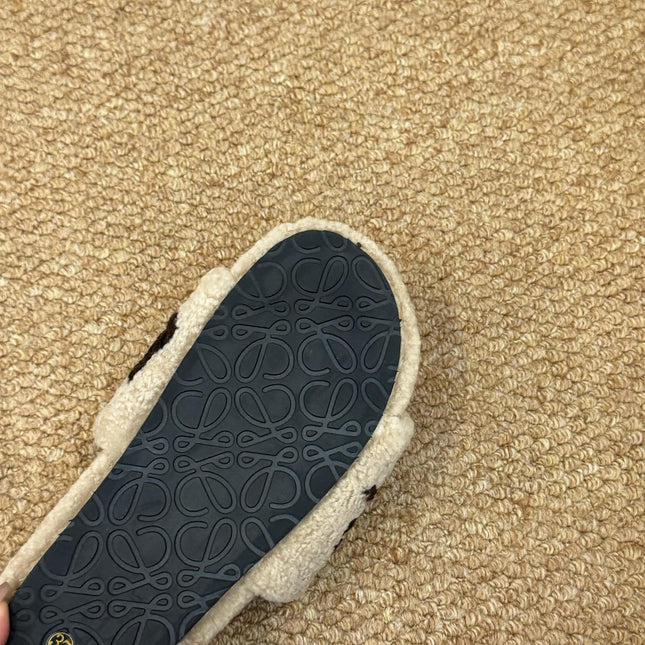 LOEWE 26S FLUFFY SLIDE SANDALS IN LIGHT BROWN SHEARLING LOGO