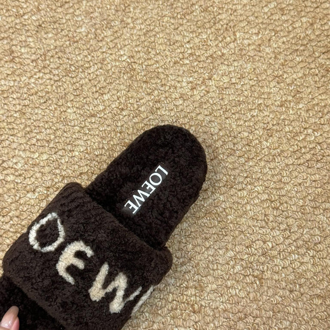 LOEWE 26S FLUFFY SLIDE SANDALS IN DARK BROWN SHEARLING LOGO
