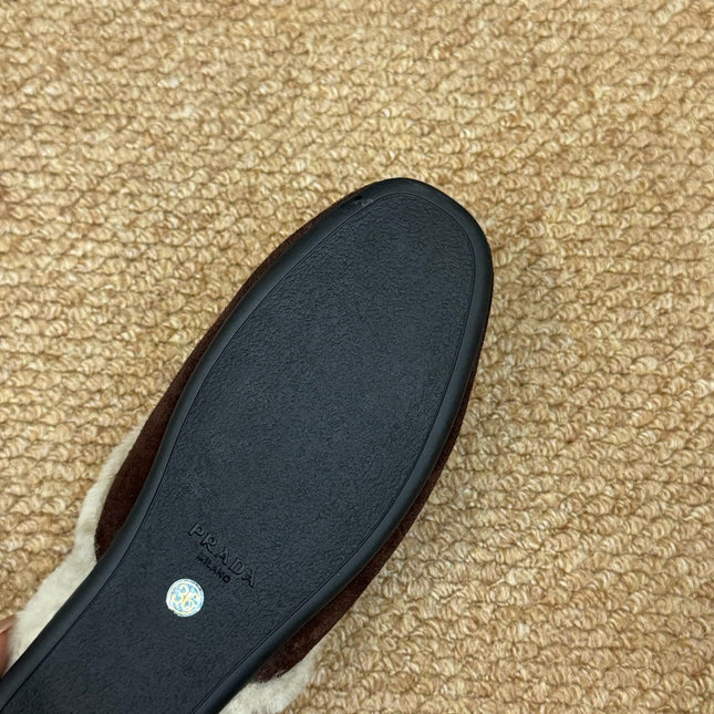 PRADA 26S SHEARLING MULE SLIPPERS IN CHOCOLATE BROWN SUEDE